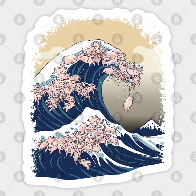 The Great Wave of Pigs Sticker by huebucket